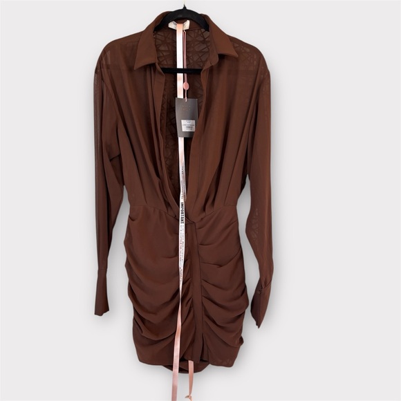 HOUSE of CB Small NWT CLEO Chocolate Chiffon Shirt Dress - Picture 11 of 16